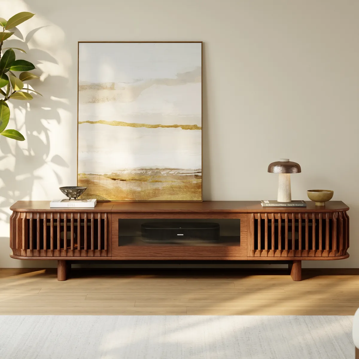 80" Ash Wood Fluted Walnut Projector TV Stand with LED — image 3