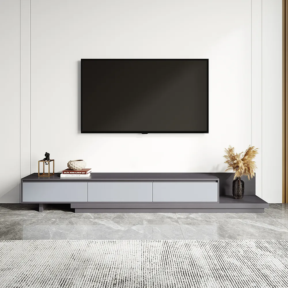 Living Room Cabinet Set Rectangle Gray Extendable TV Stand & Wood Round Nesting Coffee Table — image 8