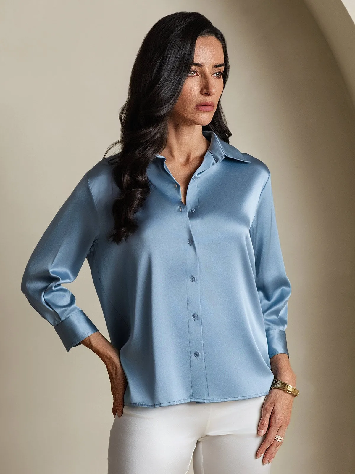 19Momme Silk 3/4 Sleeve Lapel Collar Women's Shirt with Button Up Design — image 3