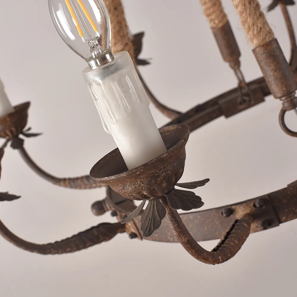 Bever Vintage 12-Light Candelabra Wagon Wheel Chandelier with Flaxen Hemp Rope — image 18