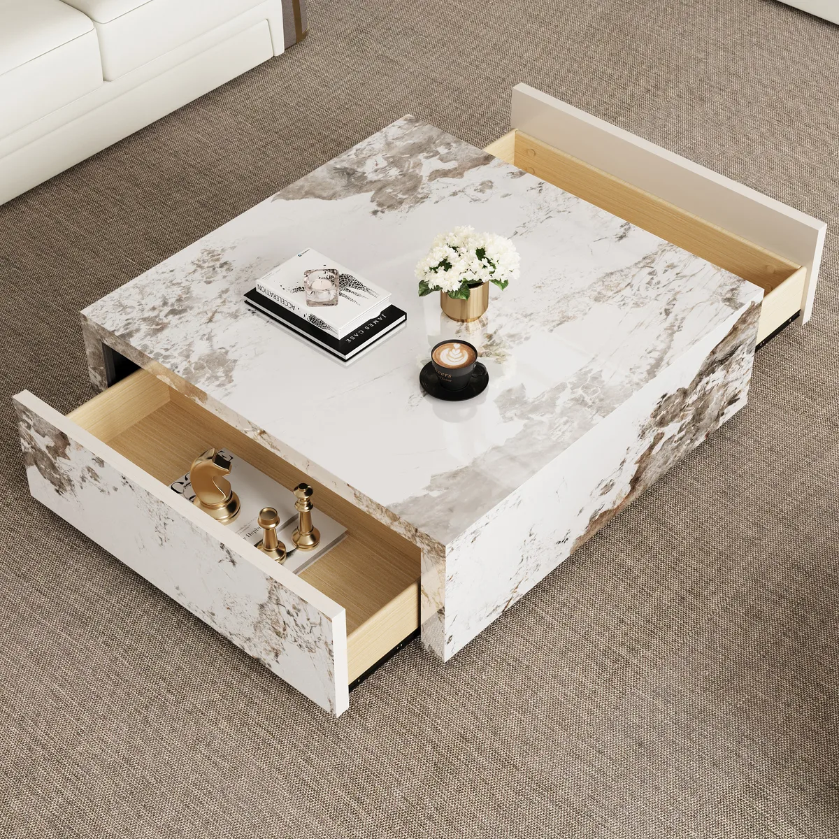 39" Square Sintered Stone Block Coffee Table With Storage Modern Off White Living Room Table — image 3