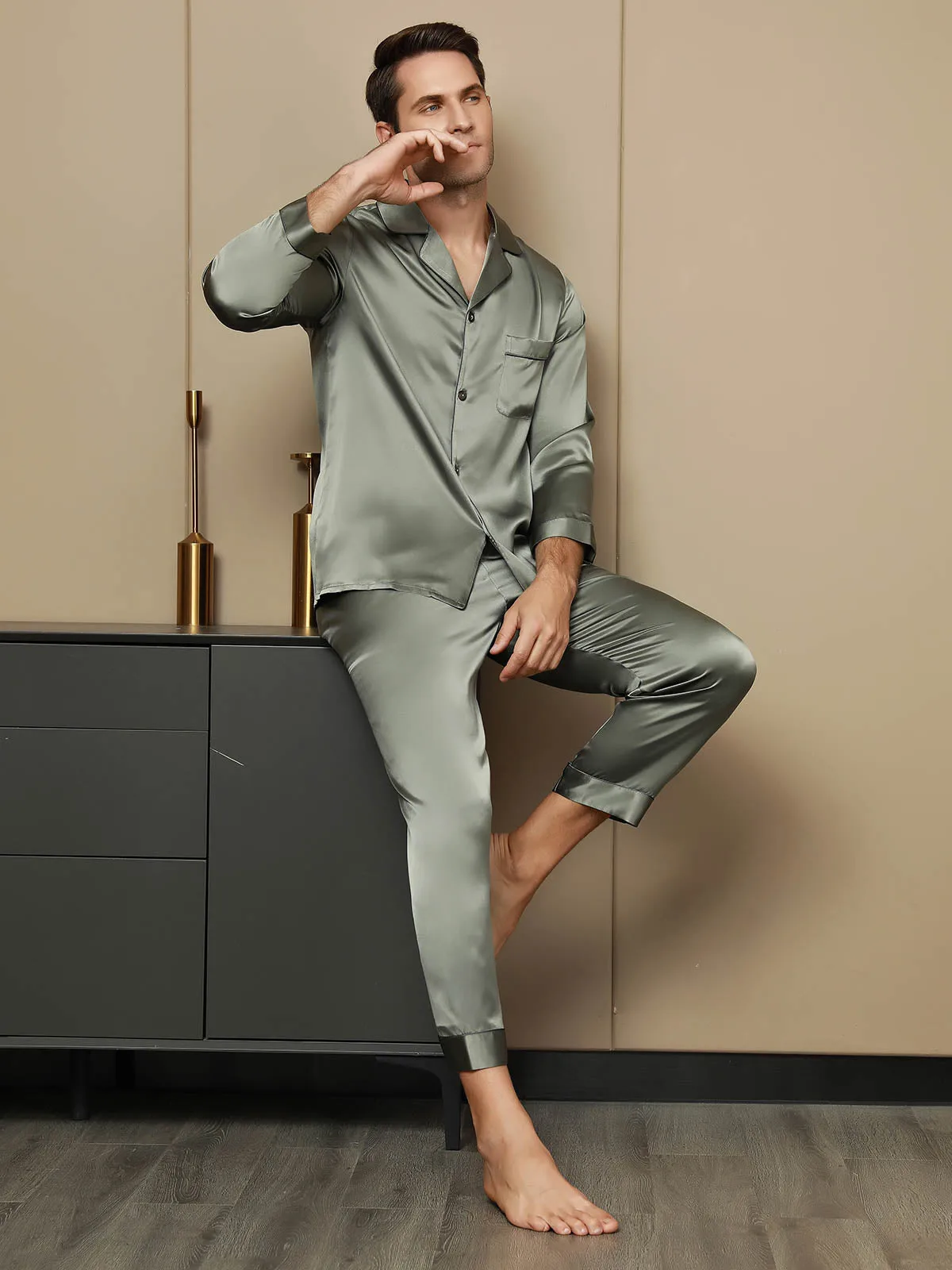 Men's 100% Mulberry Silk Long Sleeve Lapel Collar Pajamas Set — image 4