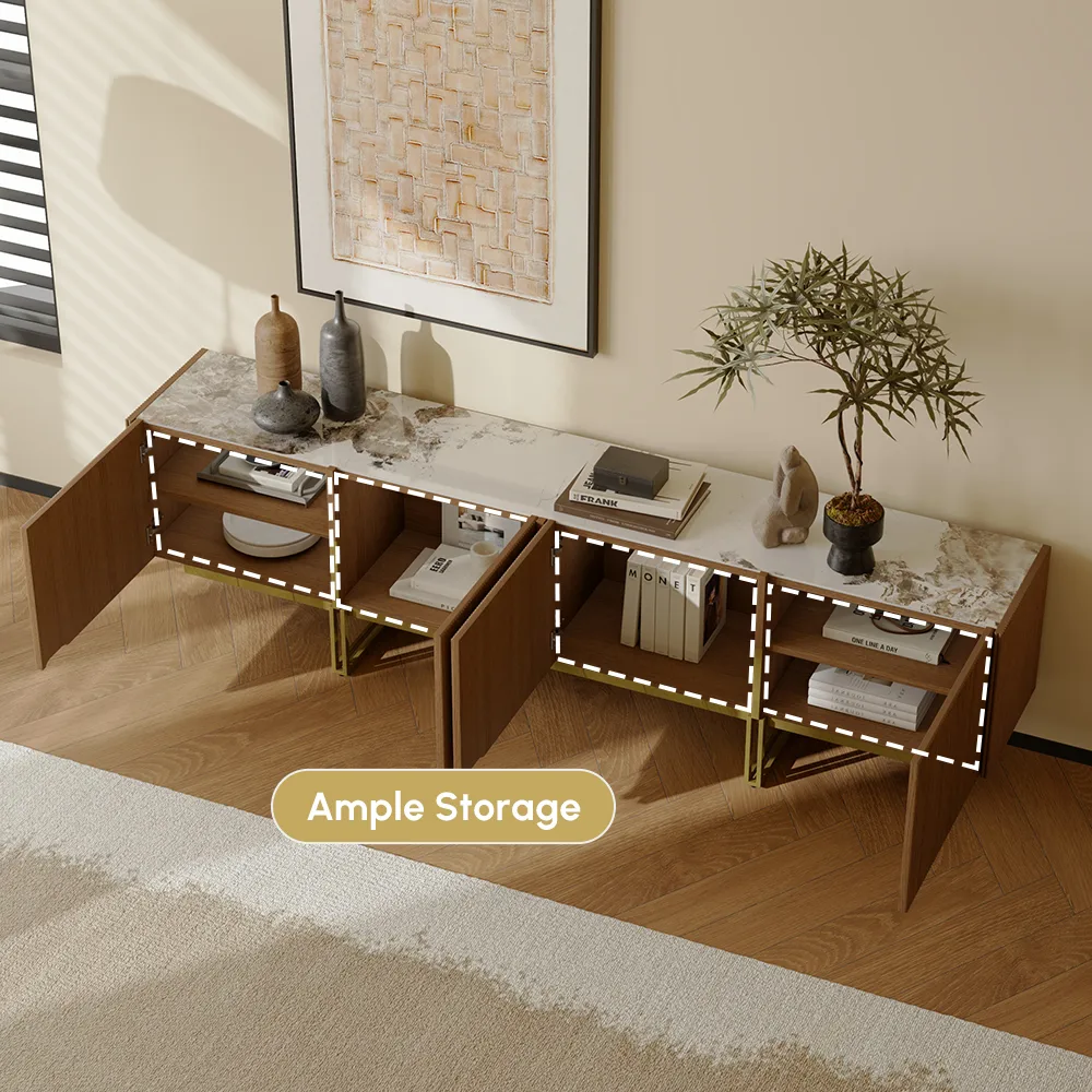 87" Stone Top Walnut TV Stand Minimalist Media Console with 4 Doors & 6 Shelves — image 10