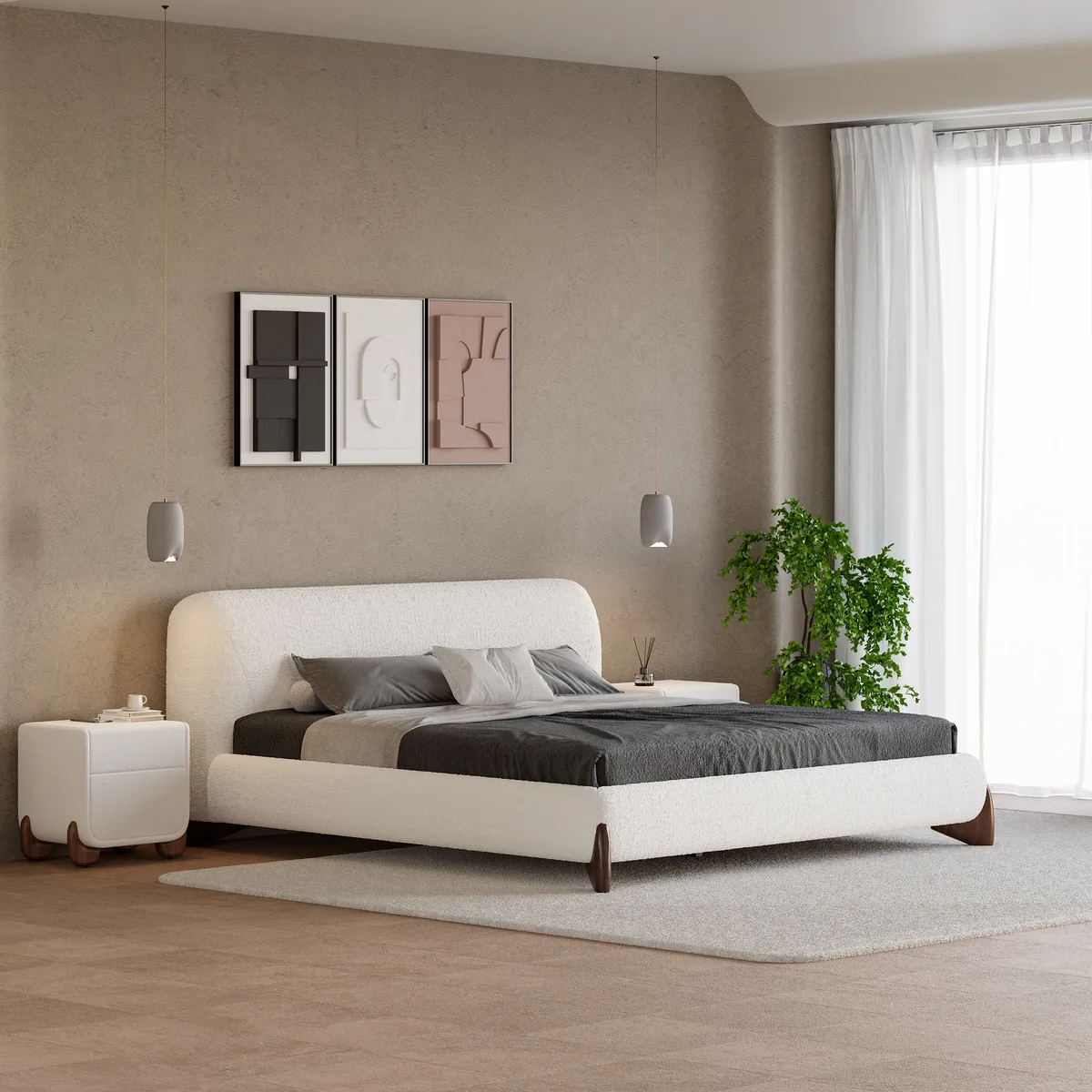 Modern White Boucle Platform Bed Queen Size Bed Frame with Upholstered Headboard — image 13