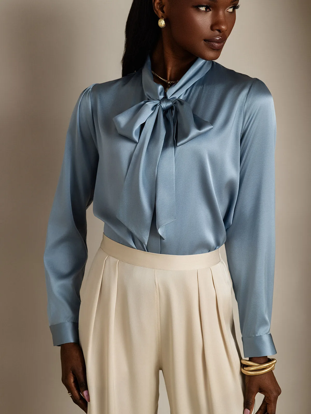 19Momme Silk Long Sleeve Tie Neck Elegant Blouse — image 3