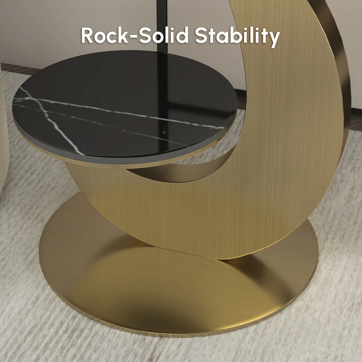 Round Faux Marble 2 Tier End Table Modern White & Gold Side Table — image 8