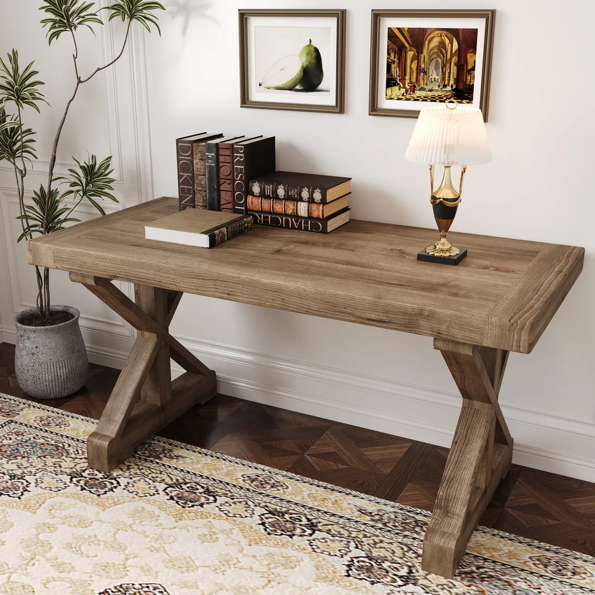 Vintage Style Pine wood Office Writing Desk with Trestle Leg in Natural Farmhouse Home Office Furniture Rectangular — image 2