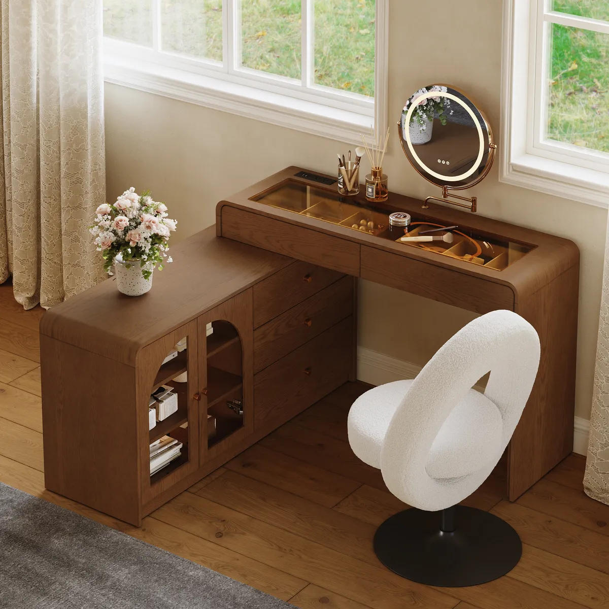 Mid Century Modern Extendable L-Shaped Makeup Vanity Dresser with LED Mirror(49"–91") — image 4