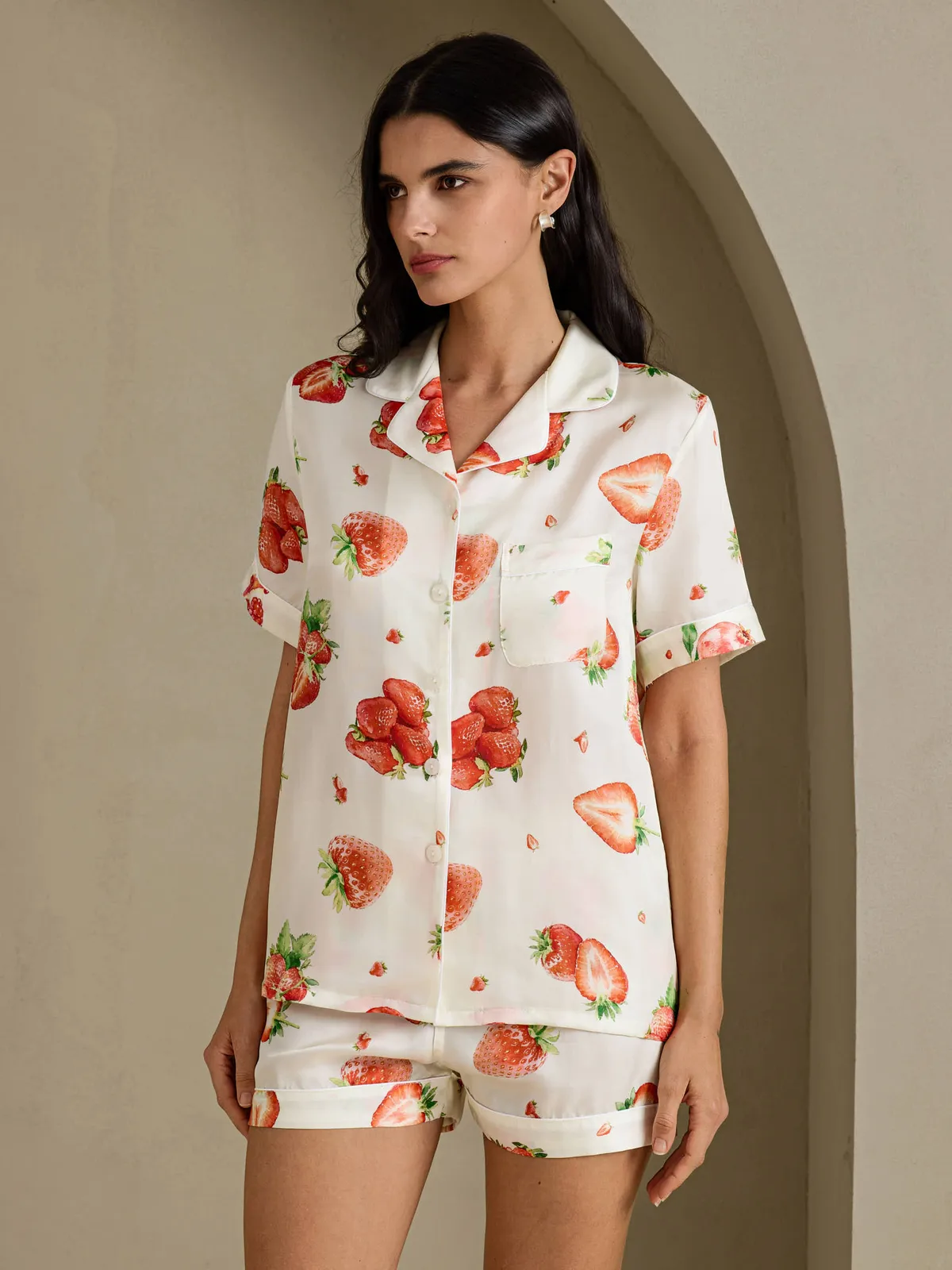 100% Mulberry Silk Women's Strawberry Print Short Sleeve Pajama Set