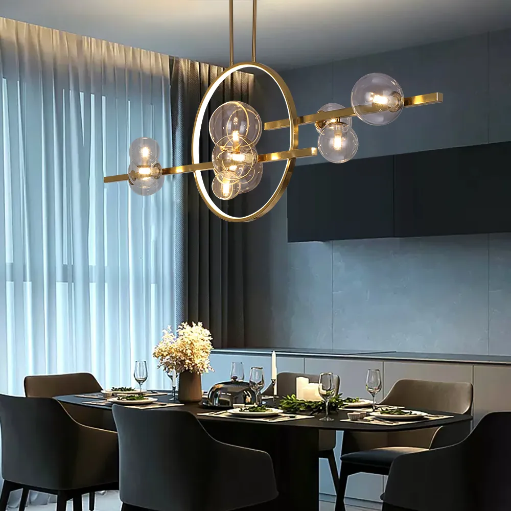 Bubi 10-Light Gold Modern Kitchen Island Light for Dining Room with Glass Globe Shade — image 5