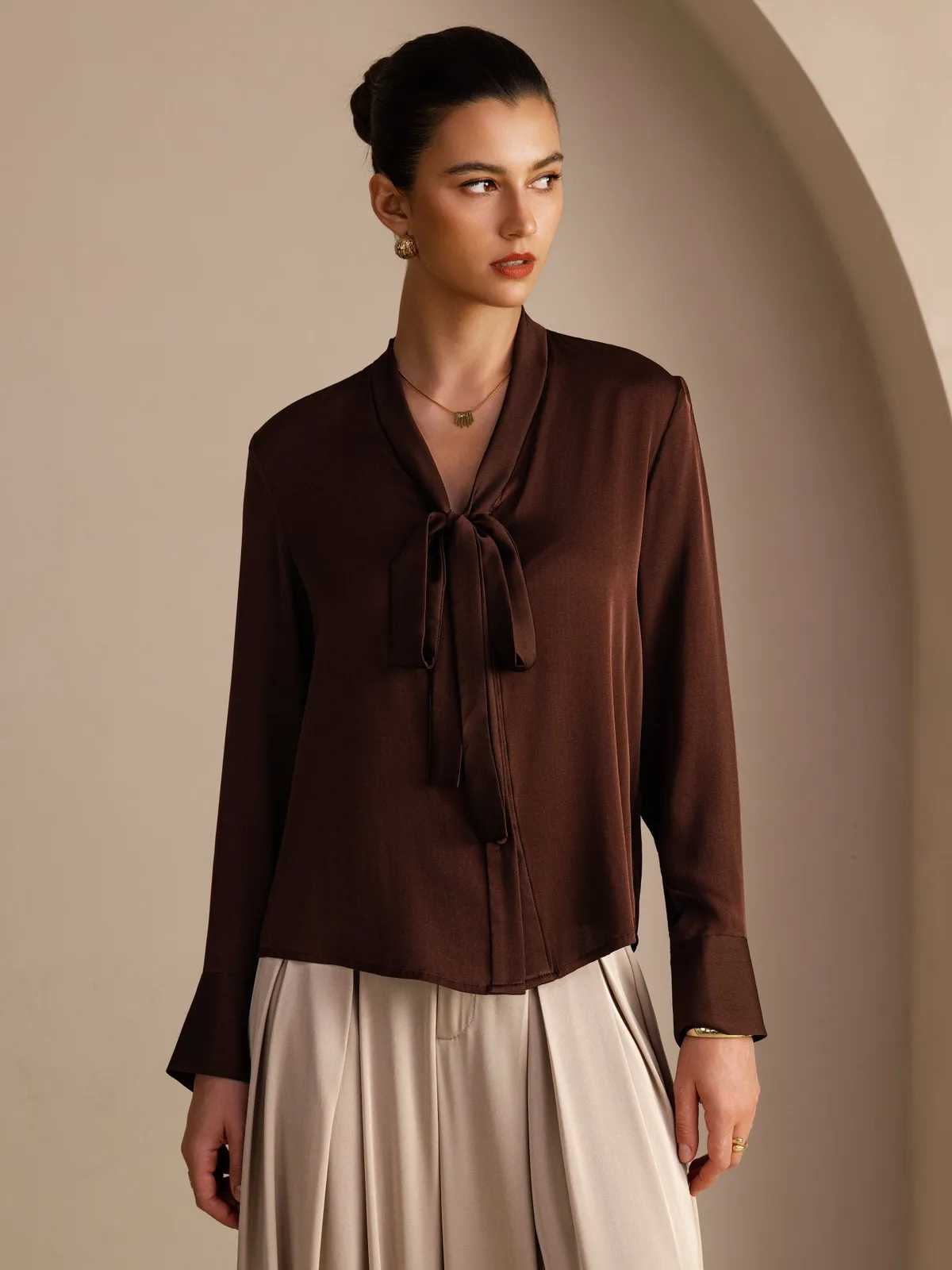 19Momme Silk Women’s Tie Neck Long Sleeve Blouse