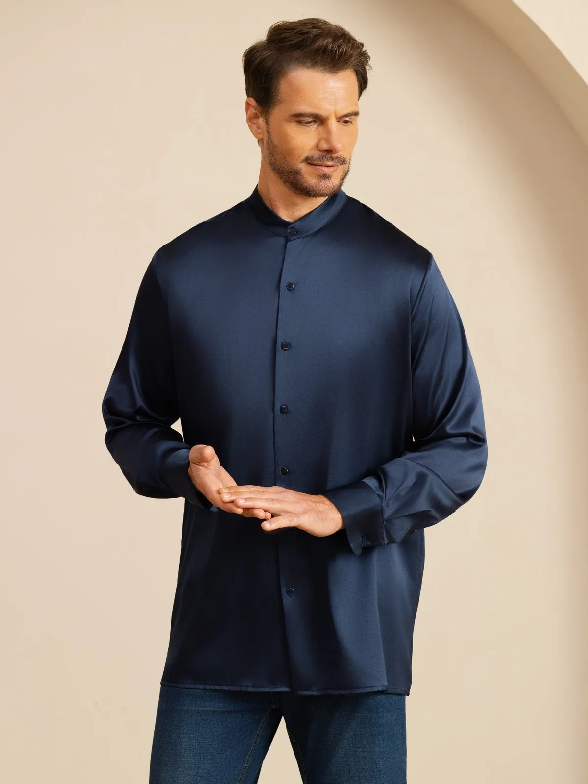 19Momme Silk Men''s Long Sleeve Stand Collar Classic Business Shirt — image 5