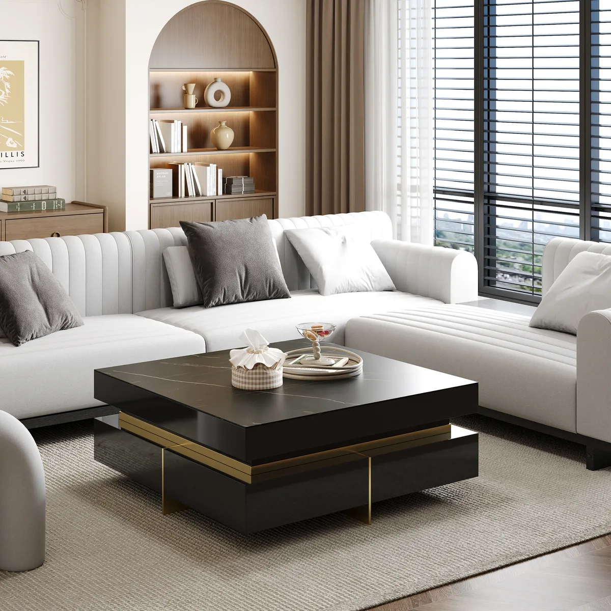 Black Modern Square Coffee Table with Drawers — image 7