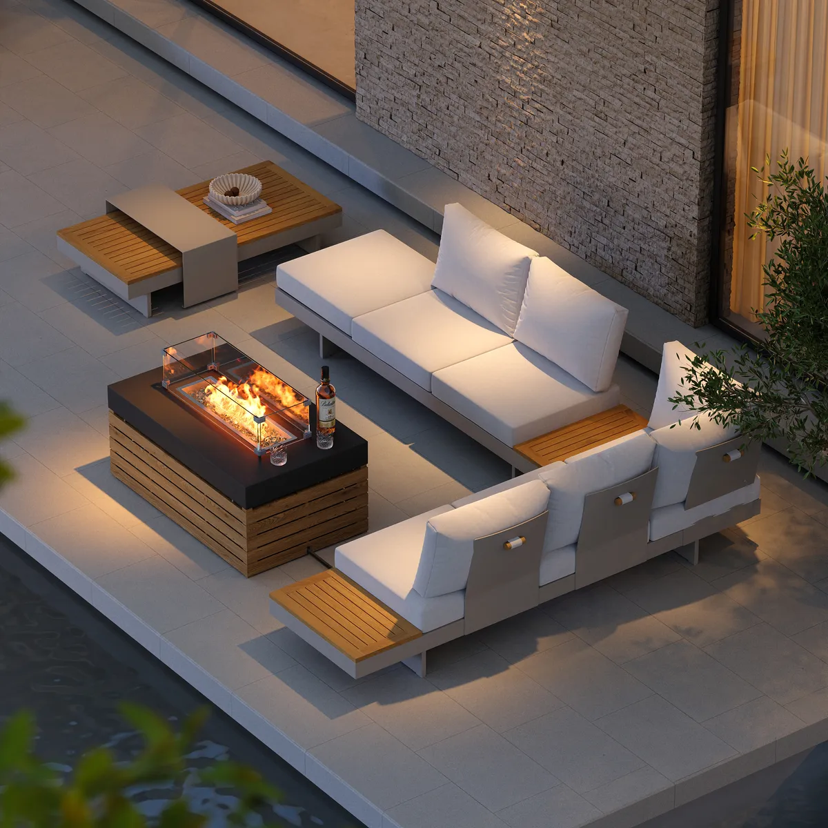Tevara 47" 5-Pieces Modular Teak Outdoor Sofa Set with Smokeless Fire Pit for 6 Person — image 3