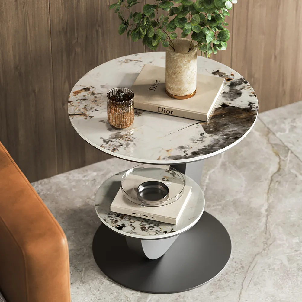 Round Faux Marble 2 Tier End Table Modern White & Gold Side Table — image 22