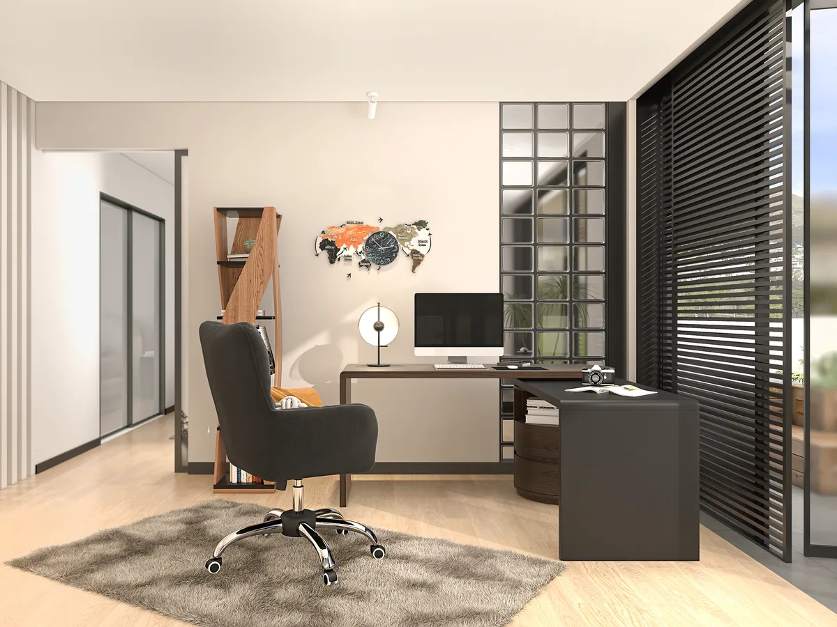 Modern 60" L-Shaped Walnut Office Desk with Drawers, Rotating Design — image 27