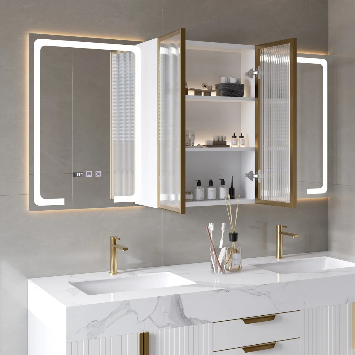 59" Double Sink Floating Vanity Set with LED Medicine Cabinet with Storage — image 6