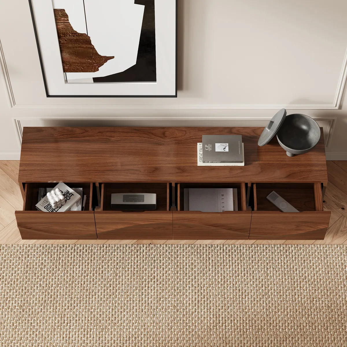 Lake Mid Century TV Stand with Wavy Design Walnut Storage 4 Drawers for TVs Up — image 4