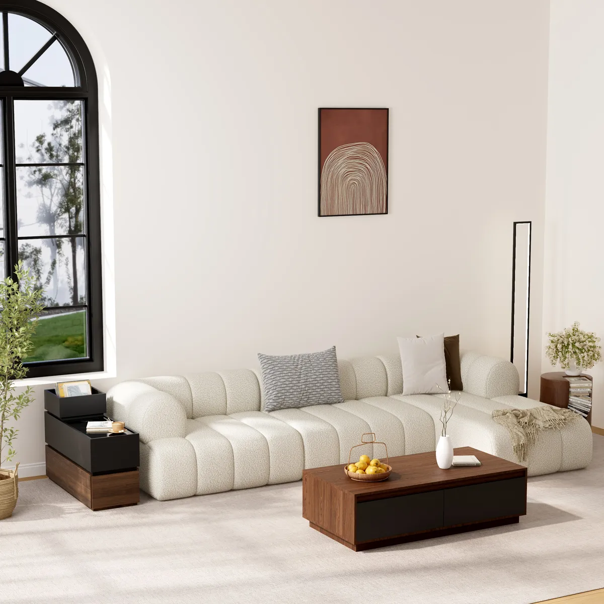 Travertine Stone Top Narrow Smart Side Table with Storage Modern Walnut End Table with USB Charging — image 5