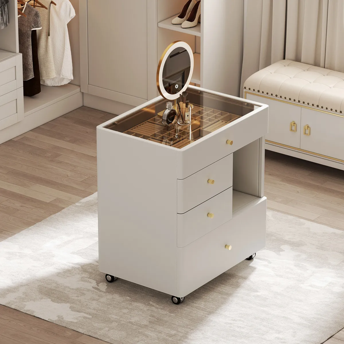 Saddle Leather Walk-In Closet Island Jewelry Dresser with Glass Top — image 5