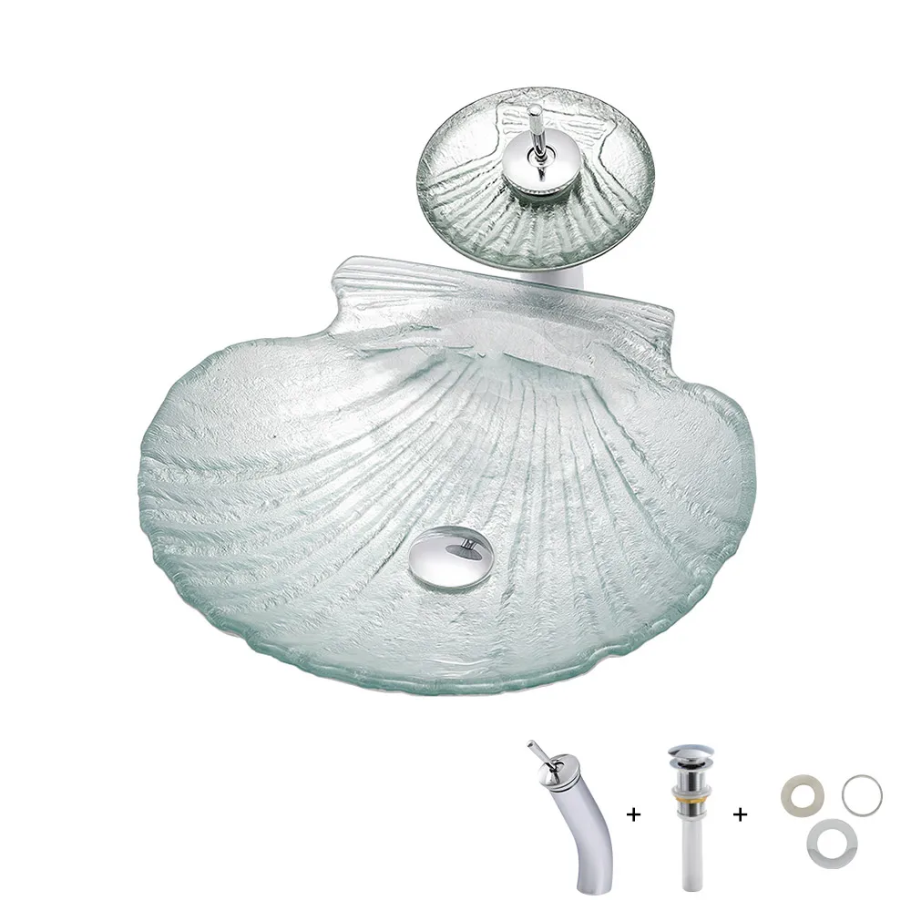 Vessel Transparent Shell Shaped Crystal Glass Bowl Bathroom Wash Sink with Faucet — image 8