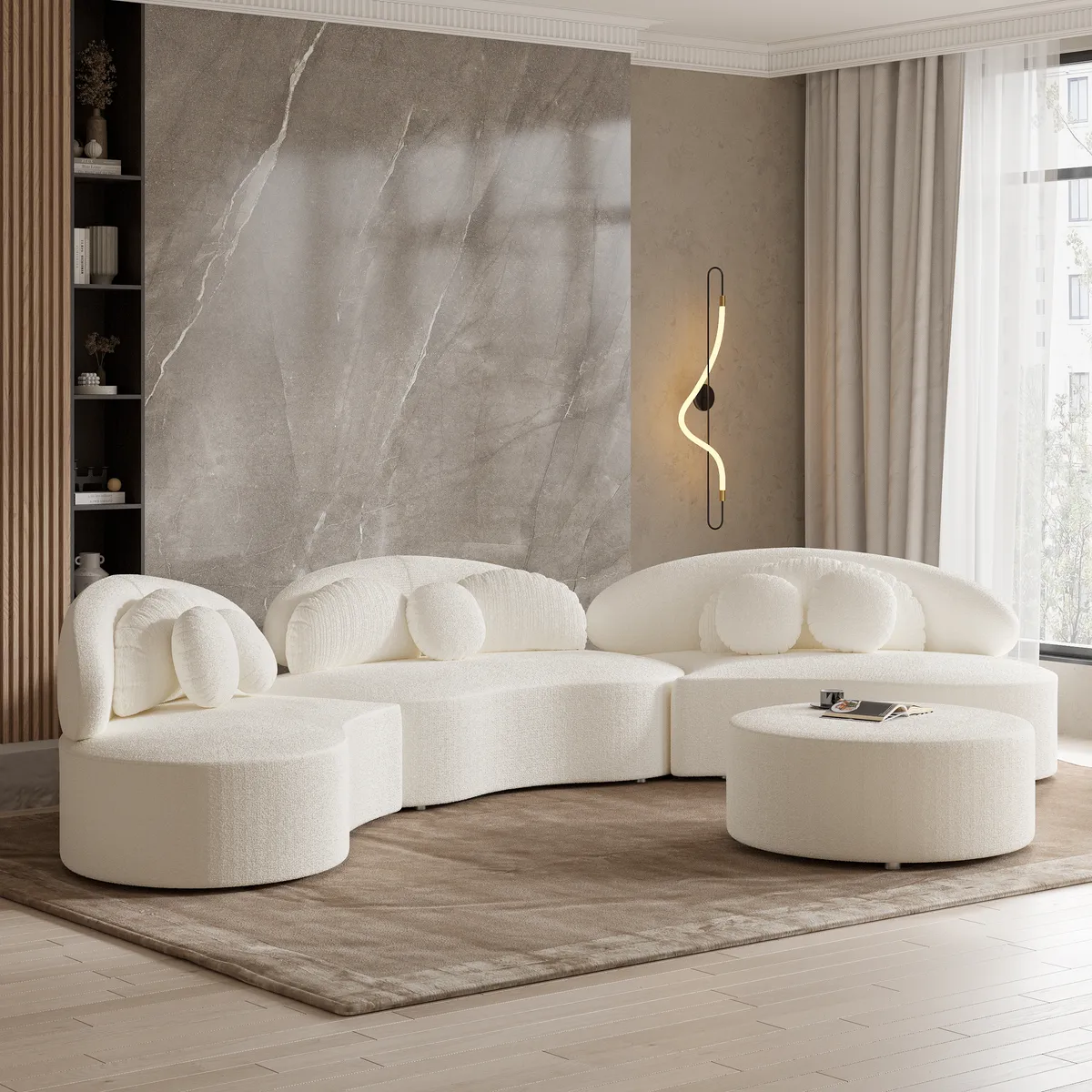 Modern 7 Seat Sectional Sofa Curved Modular Beige Velvet Upholstered with Ottoman — image 14