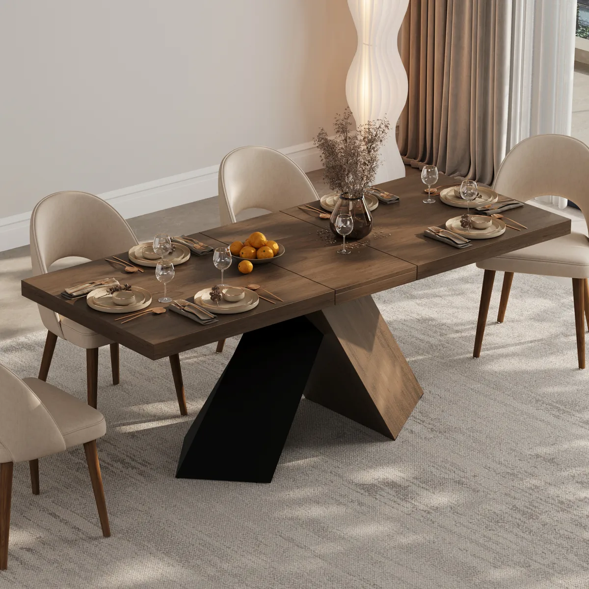 Dining Table Set 64"-79" Rectangle Extendable Dining Table & 4 Archic Japandi Rattan Dining Chairs — image 2