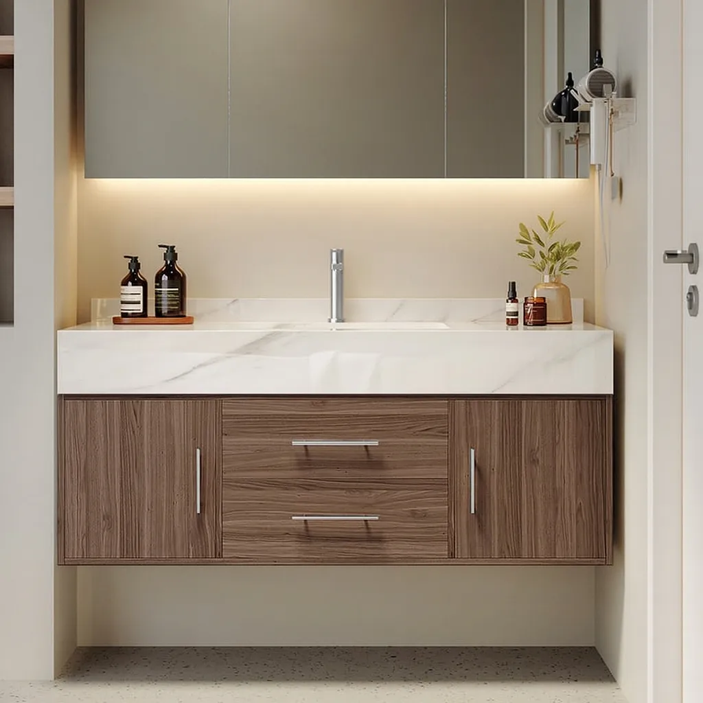 59" Double Sink Bathroom Vanity with Gold Handles – Walnut Modern Floating Vanity — image 12