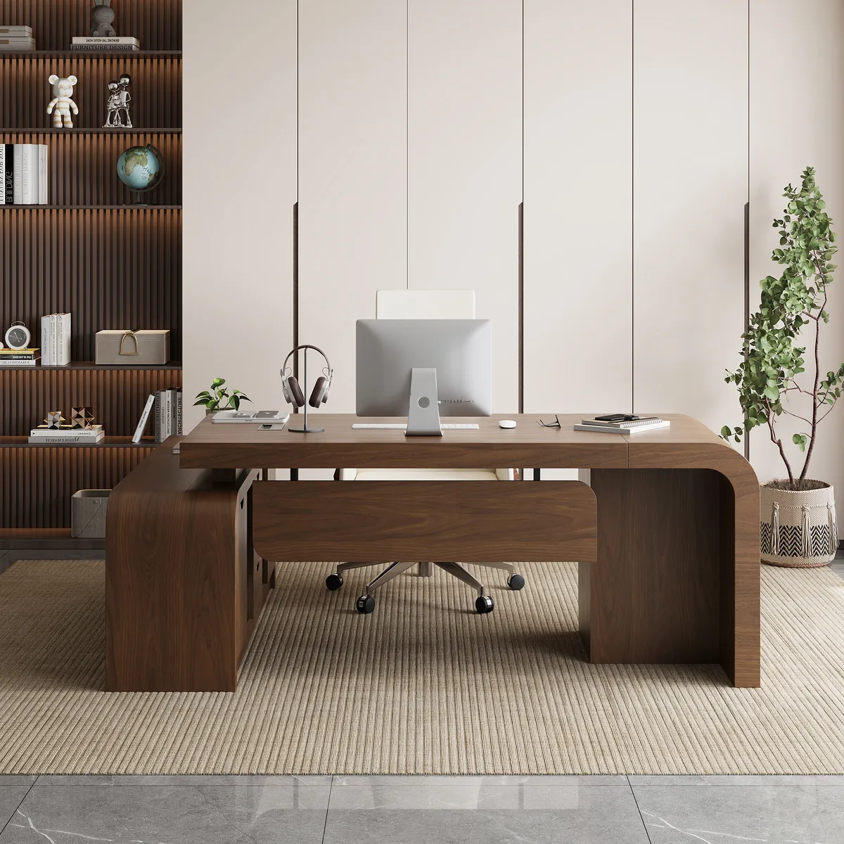 L-shaped Modern Executive Desk & Reclining Leather Office Desk Chair High Back — image 27