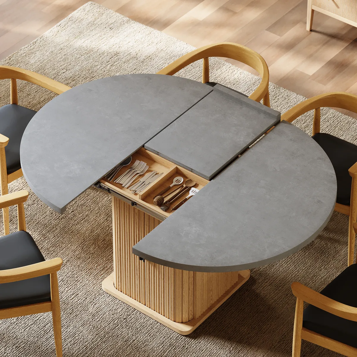 47"-63" Gray Extendable Dining Table Modern for 6 with Fluted Base & Storage — image 6