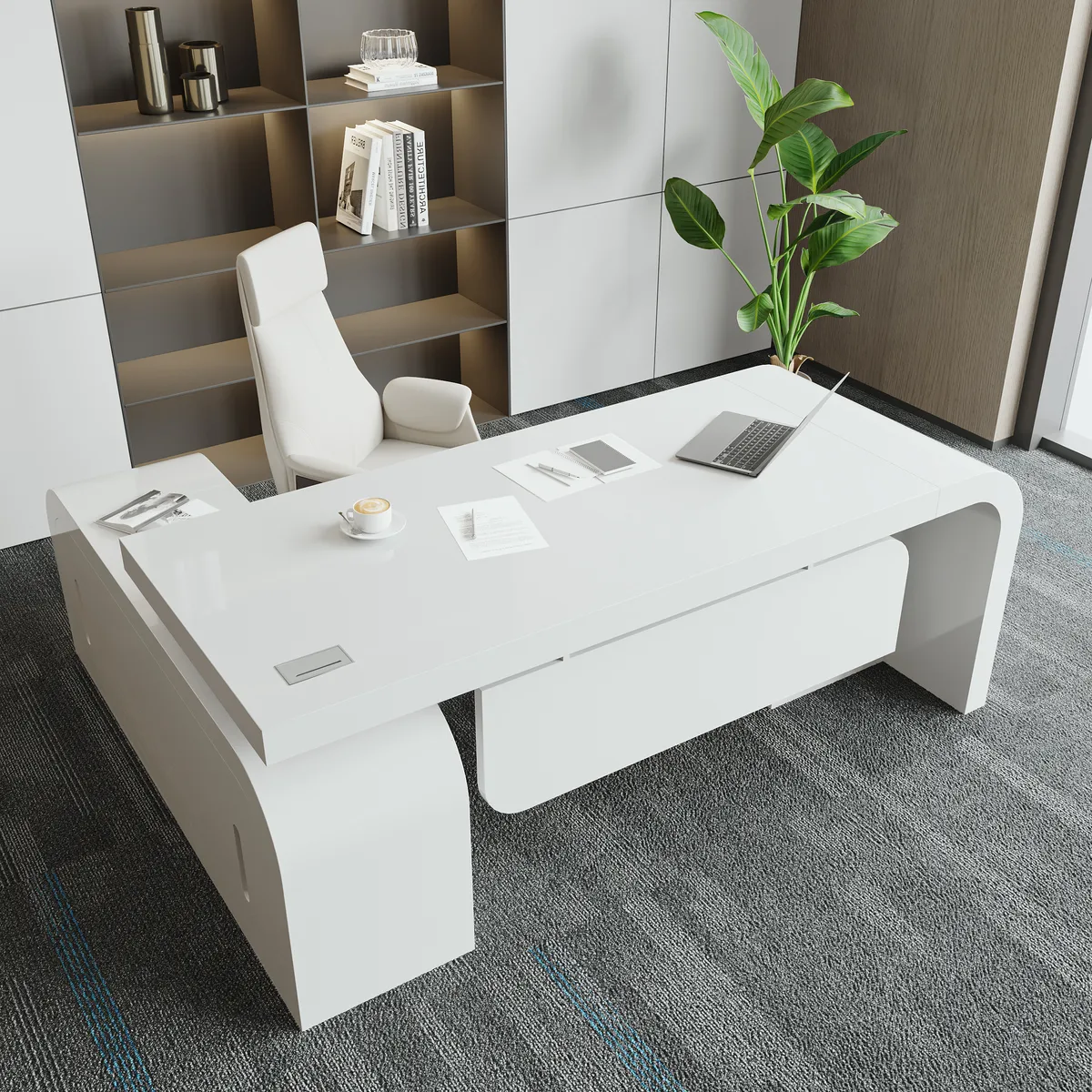 L-shaped Modern Executive Desk & Reclining Leather Office Desk Chair High Back — image 11