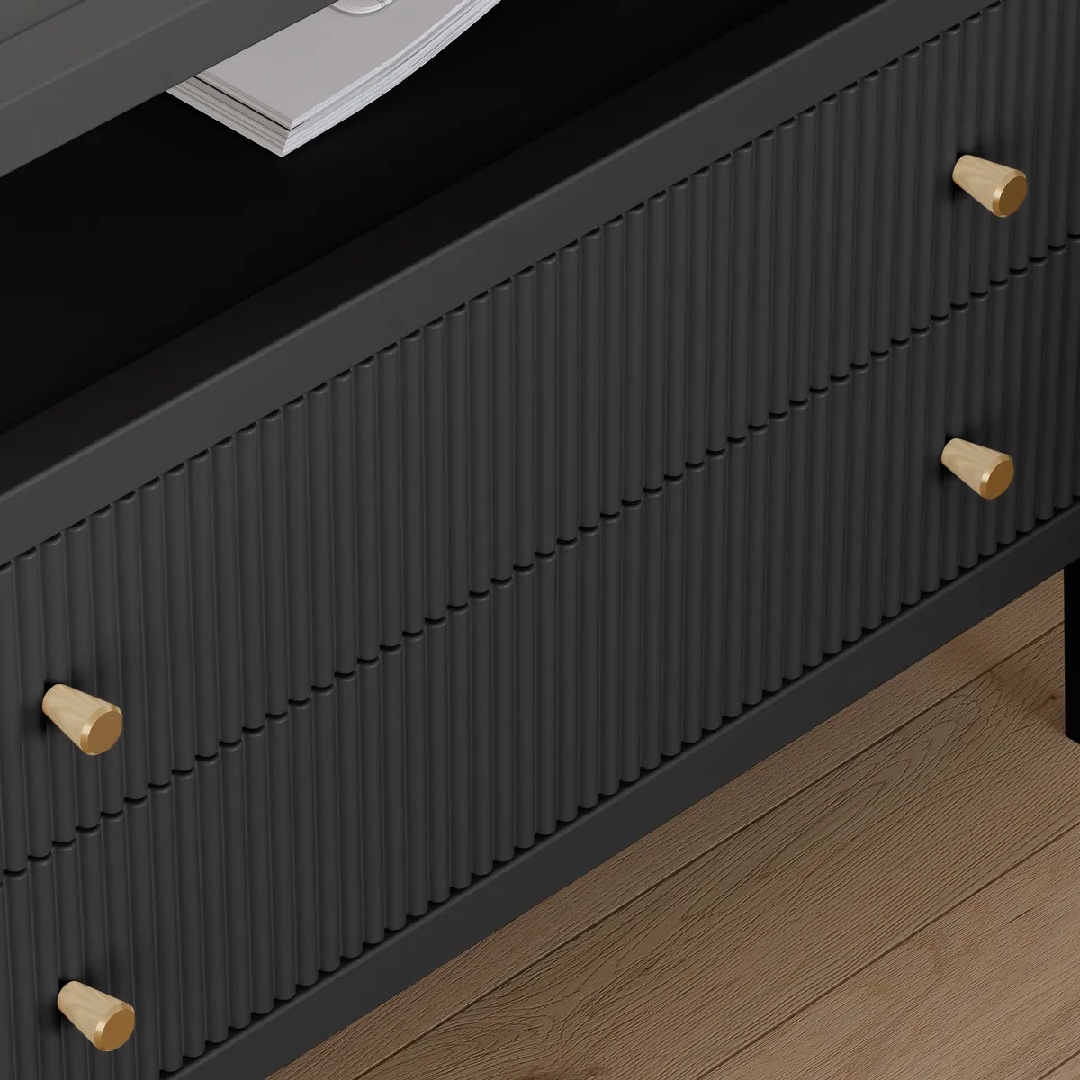Stria Black Fluted 6-Drawer Dresser & 2 Wide Nightstands Set — image 4