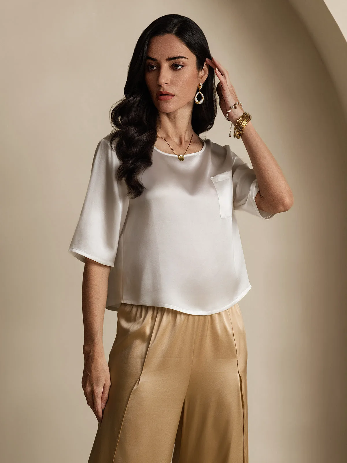 100% Mulberry Silk Women's Blouse Short Sleeve Boxy Crop Top — image 4