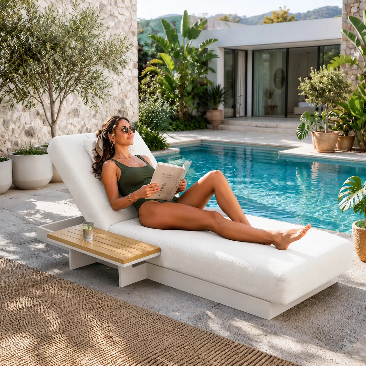 Tevara Single Outdoor Teak & Aluminum Adjustable Chaise Lounge with Black Cover — image 15