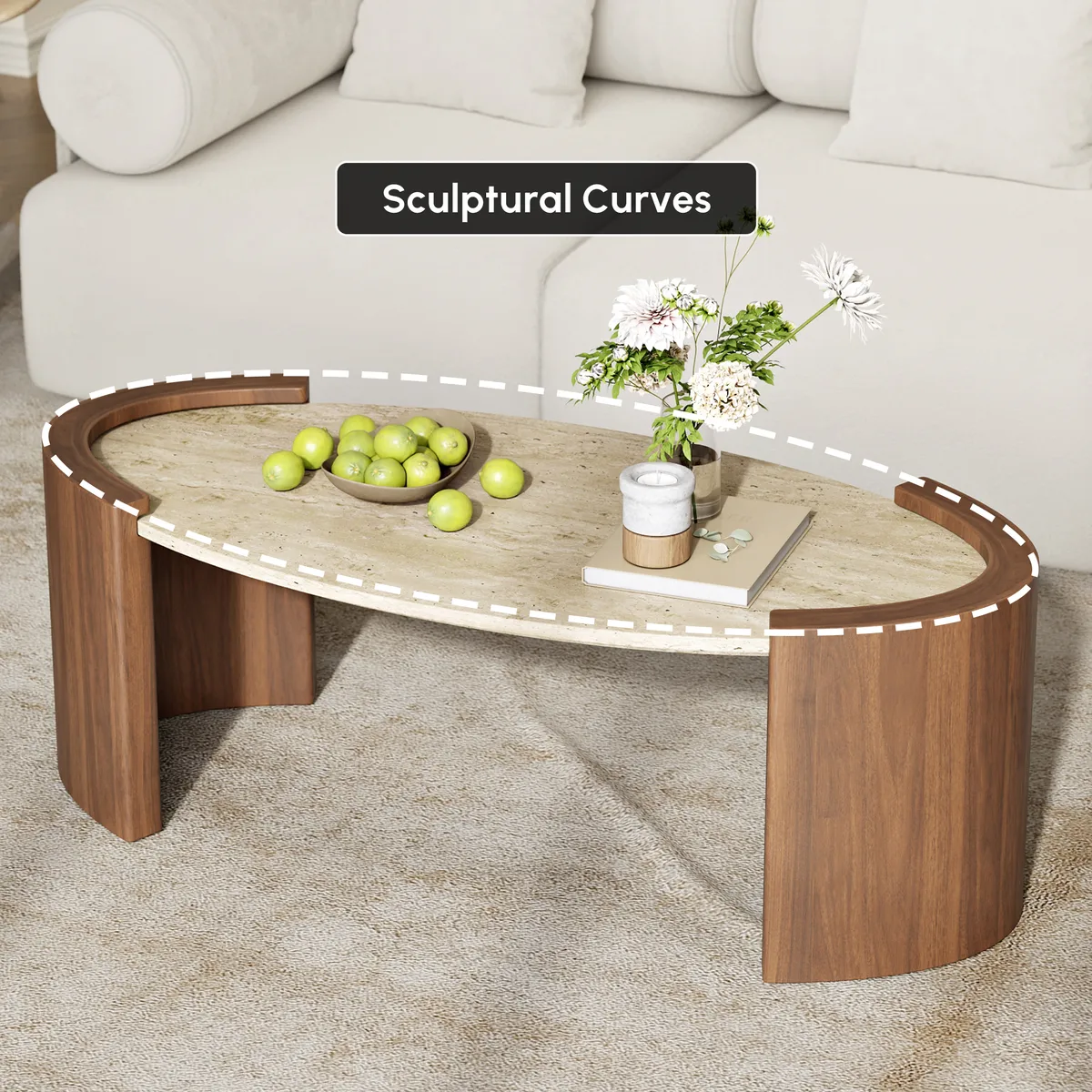 43" Japandi Oval Travertine Stone Top Coffee Table — image 27