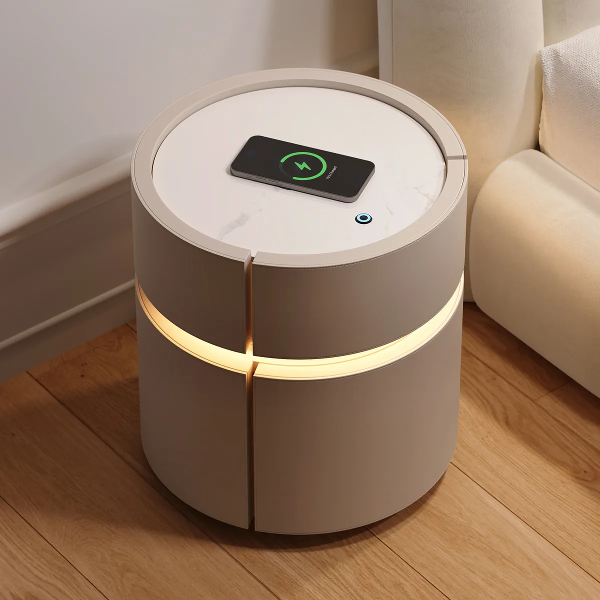 Round Saddle Leather Nightstand with Wireless Charging Bedside Table — image 2