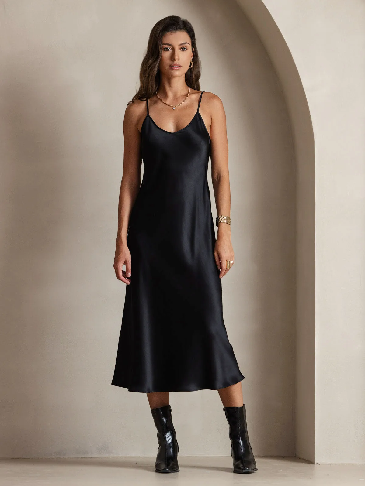 100% Mulberry Silk Spaghetti Strap Midi Long Dress — image 3