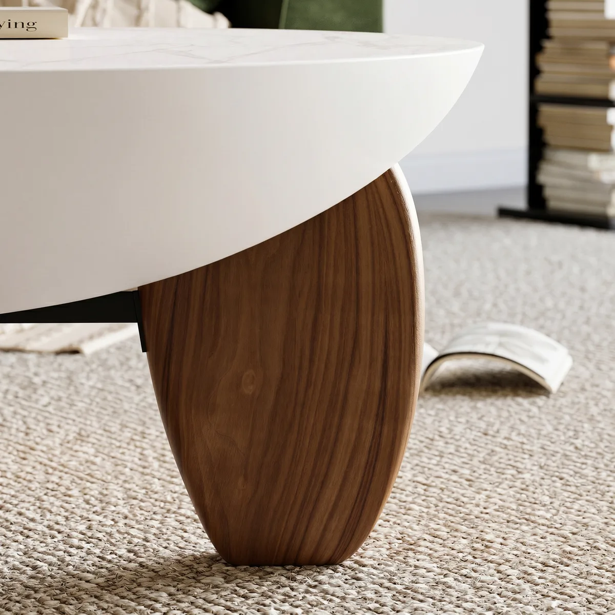 Curva Round Concrete Walnut Coffee Table with Wood Legs — image 17