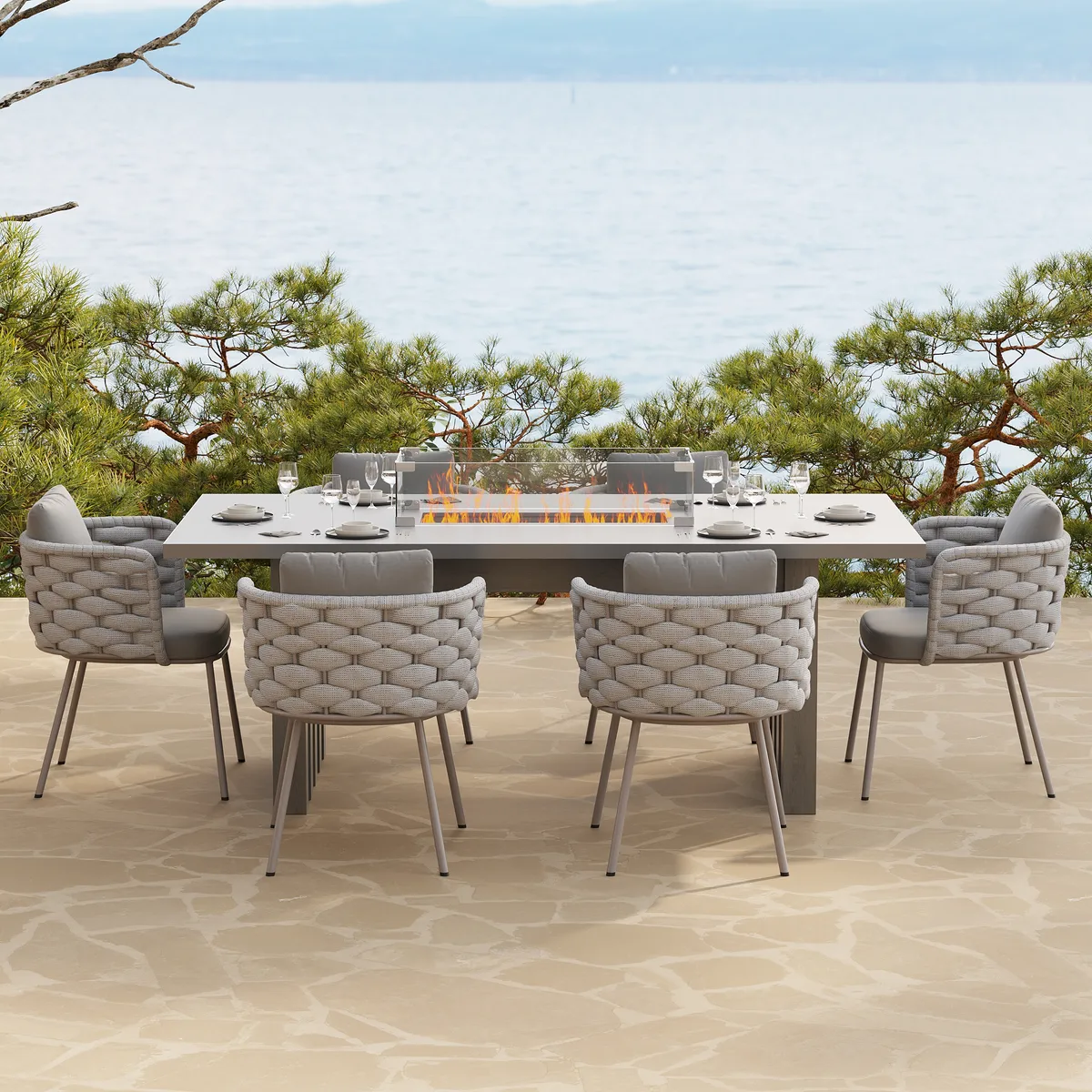 7 PCS Outdoor Propane Fire Pit Table & Rope Woven Armchair Rectangular Outdoor Dining Set Modern Yard &Ptio Furniture for 6 Person — image 4