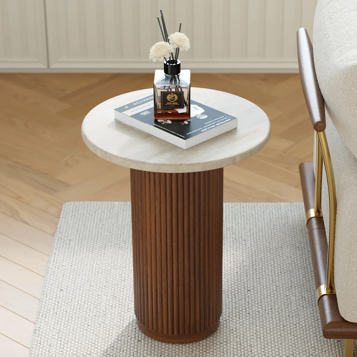 Faux Marble Round End Table Modern Side Table with Wood Base — image 2