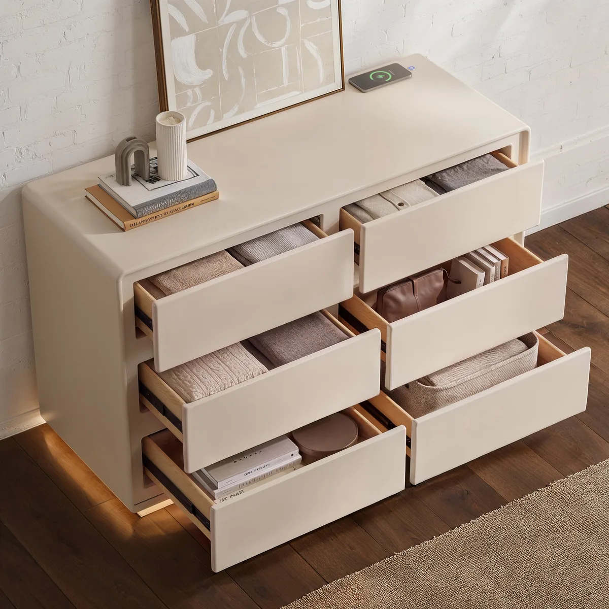 Haloa Modern 47" 6-Drawer Matte Warm White Dresser with Light and Charging Station — image 3