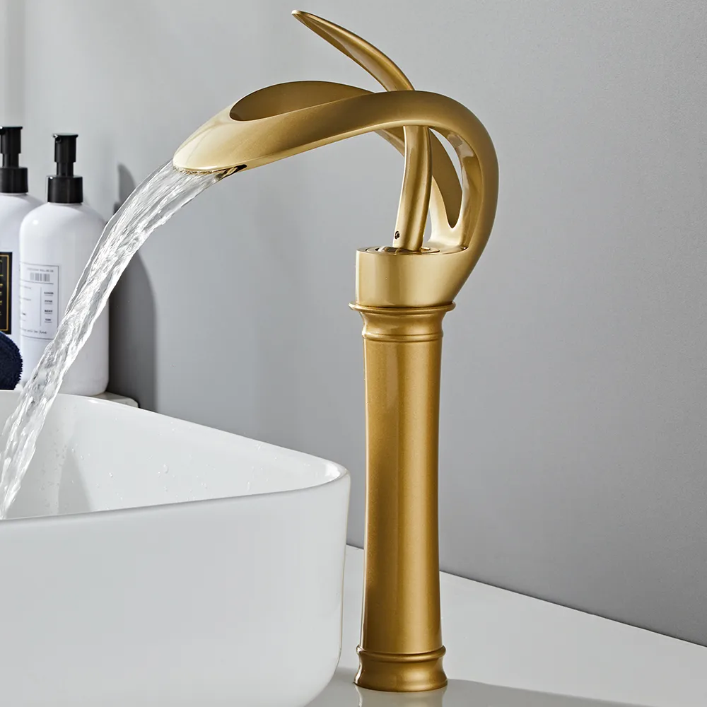 Modern Gold Waterfall Bathroom Vessel Sink Faucet Single Handle Solid