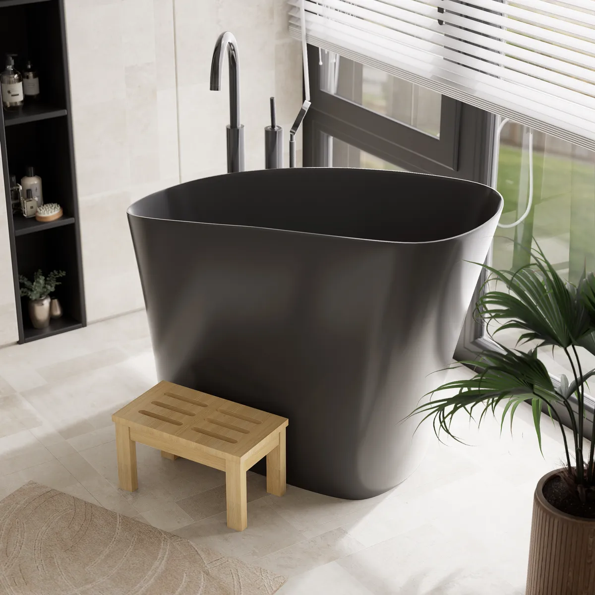 47" Japanese Irregular Freestanding Stone Resin Soaking Bathtub, Marble Look — image 29