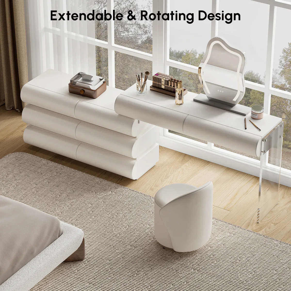modern white PU leather dressing table set with stool and LED mirror — image 27
