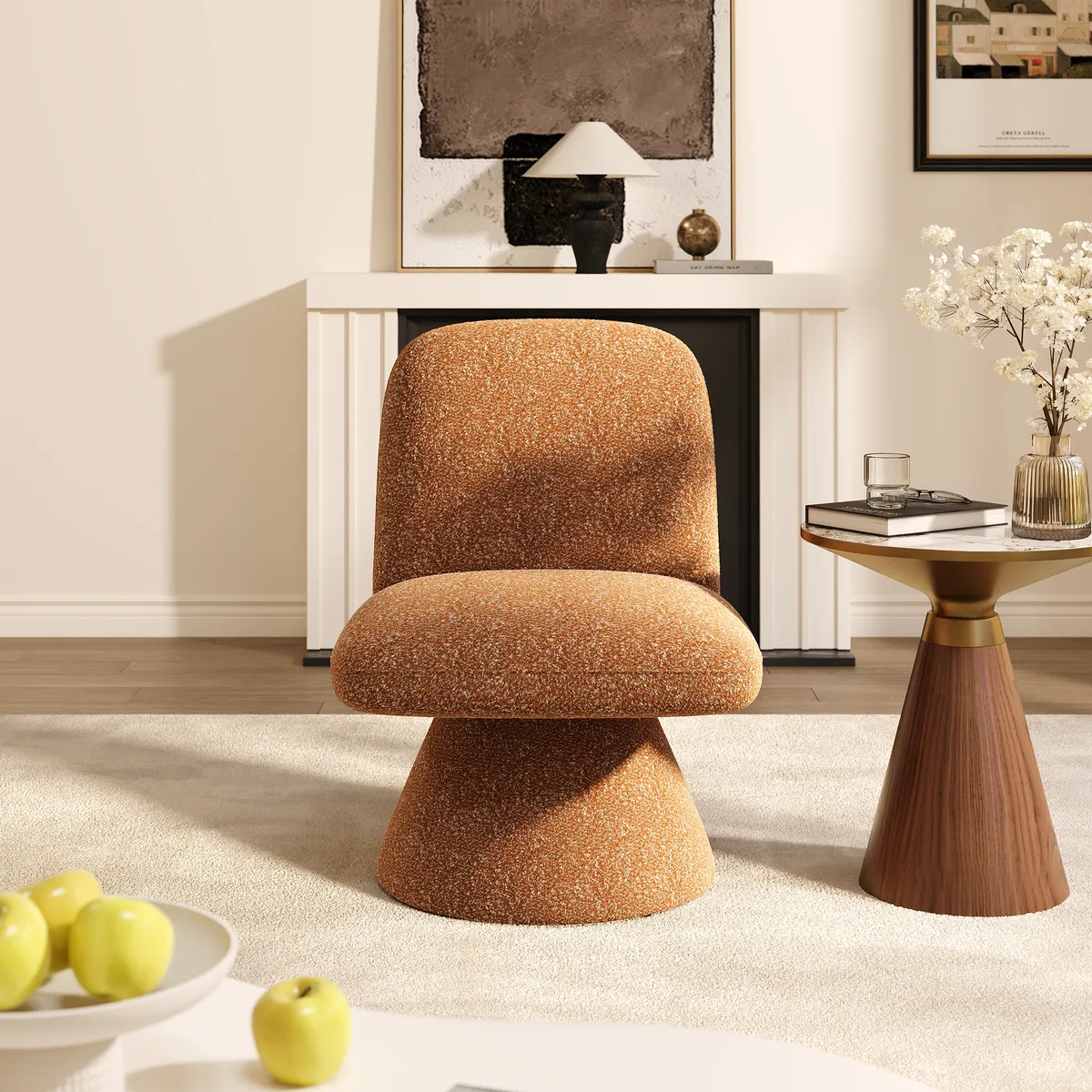 18" Modern Orange Boucle Swivel Accent Chair Sculptural L-Shaped Slipper Lounge Chair — image 13