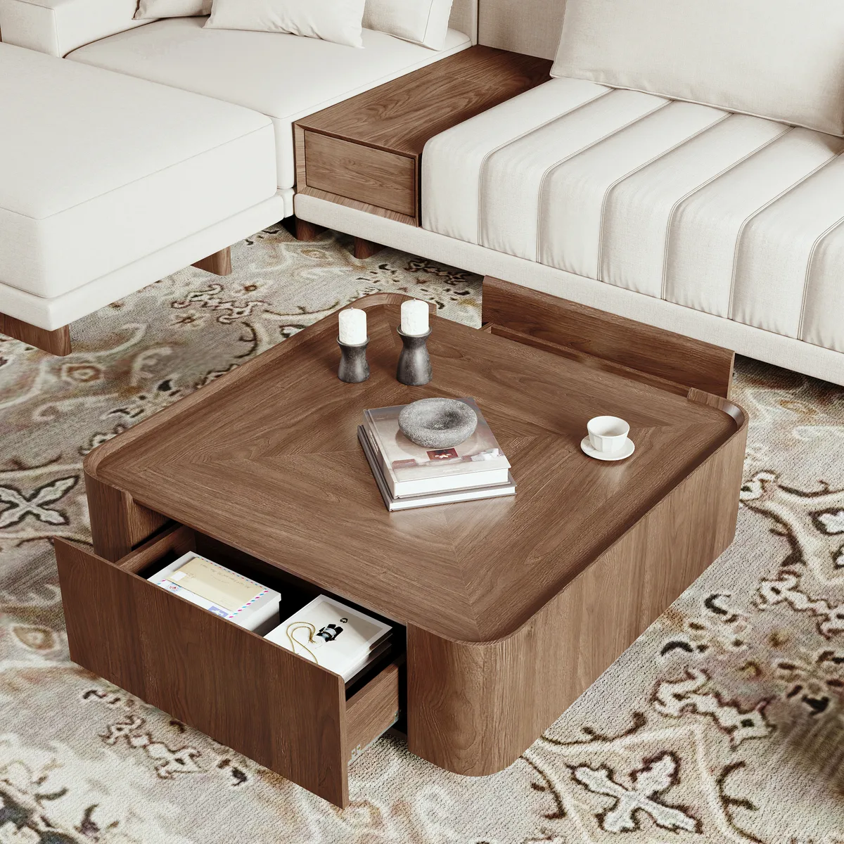 Modern Living Room Couch Set Fabric L-Shaped White Modular Sectional Sofa & Wood Block Coffee Table — image 8