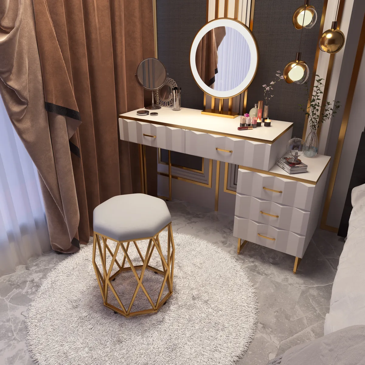 Modern White Extendable Makeup Vanity 5 Drawers Dressing Table Set with Stool and Mirror — image 14