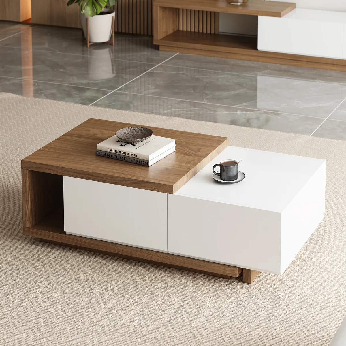 Living Room Cabinet Set Extendable TV Stand & Retracted Coffee Table Set — image 10