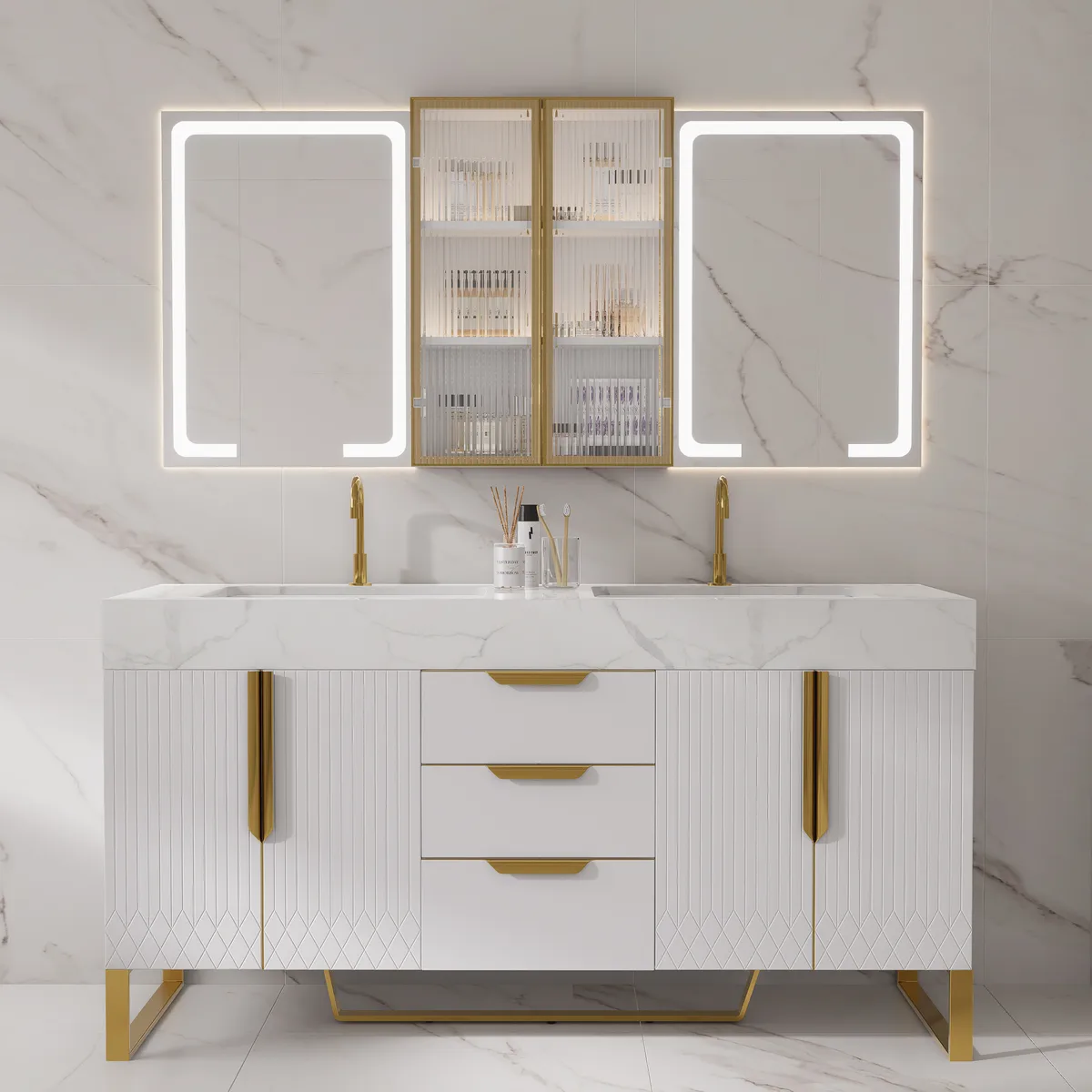 59" Double Sink Floating Vanity Set with LED Medicine Cabinet with Storage — image 11