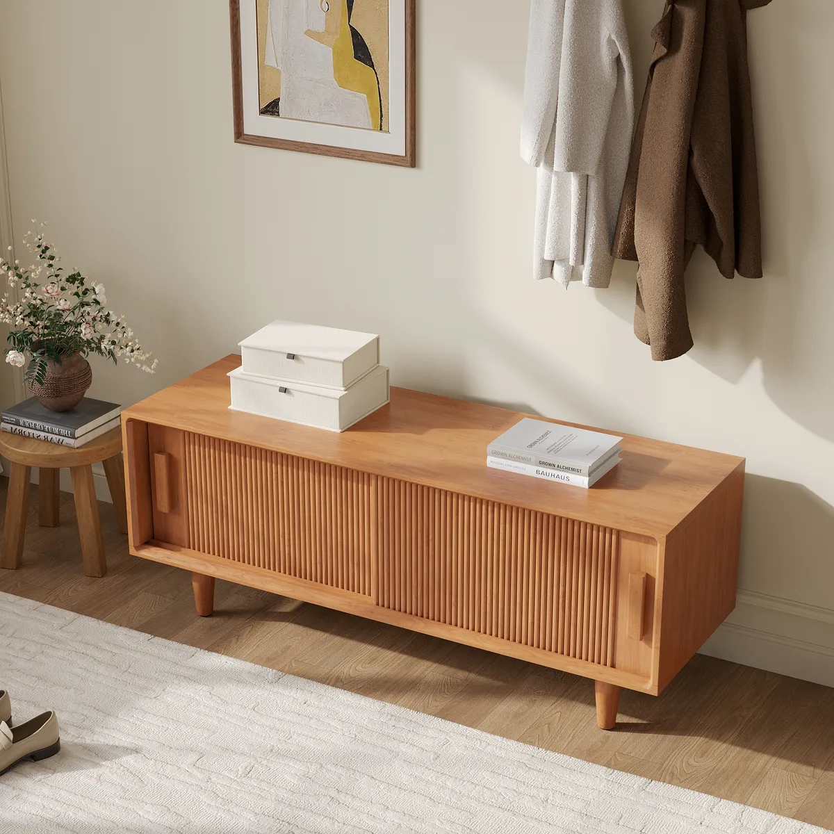 47.2" Solid Rubberwood Natural Entryway Bench with Storage — image 14